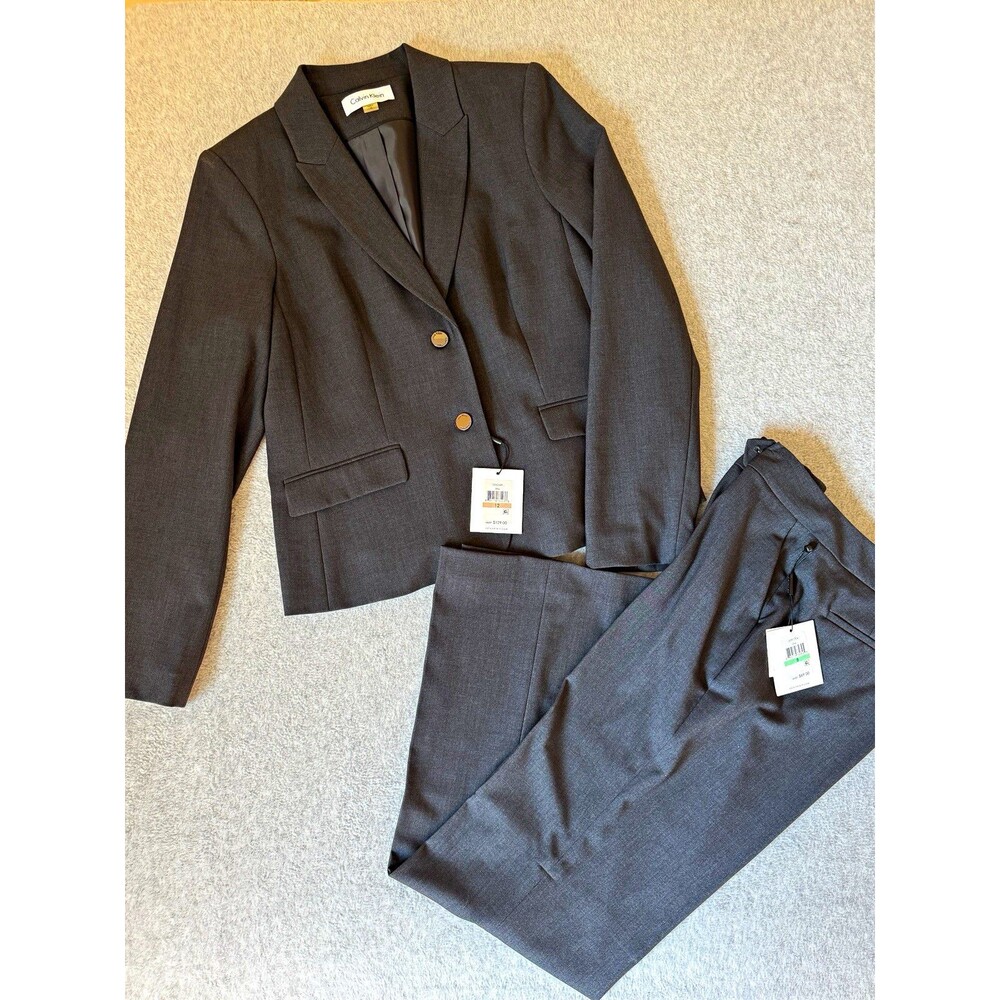 Calvin Klein Women's 2-Piece Pant Suit NWT Size 8 Gray Lined Blazer 12 Career